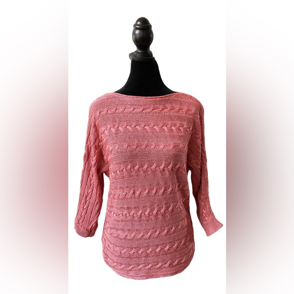 Lauren Ralph Lauren: Coral Pink Cable Knit Sweater with 3/4 sleeves